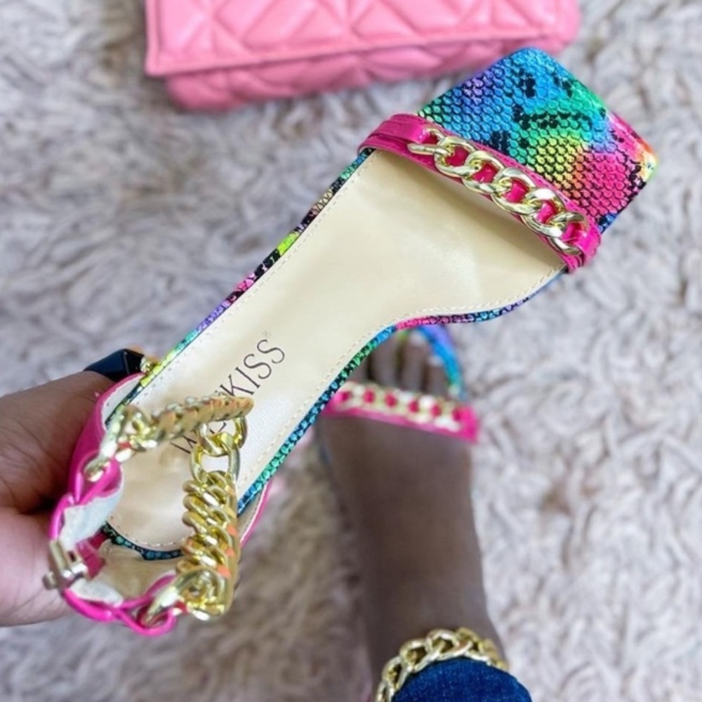 Hot Pink & Multicolor Snakeskin Gold Chain Strap Square Open-Toe Heels – Size 10